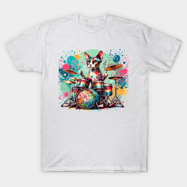 Devon Rex Cat Playing Drums T-Shirt by Graceful Designs